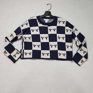 Sincerely Jules Women's Size Large Navy Blue White Bow Print Cropped Sweater
